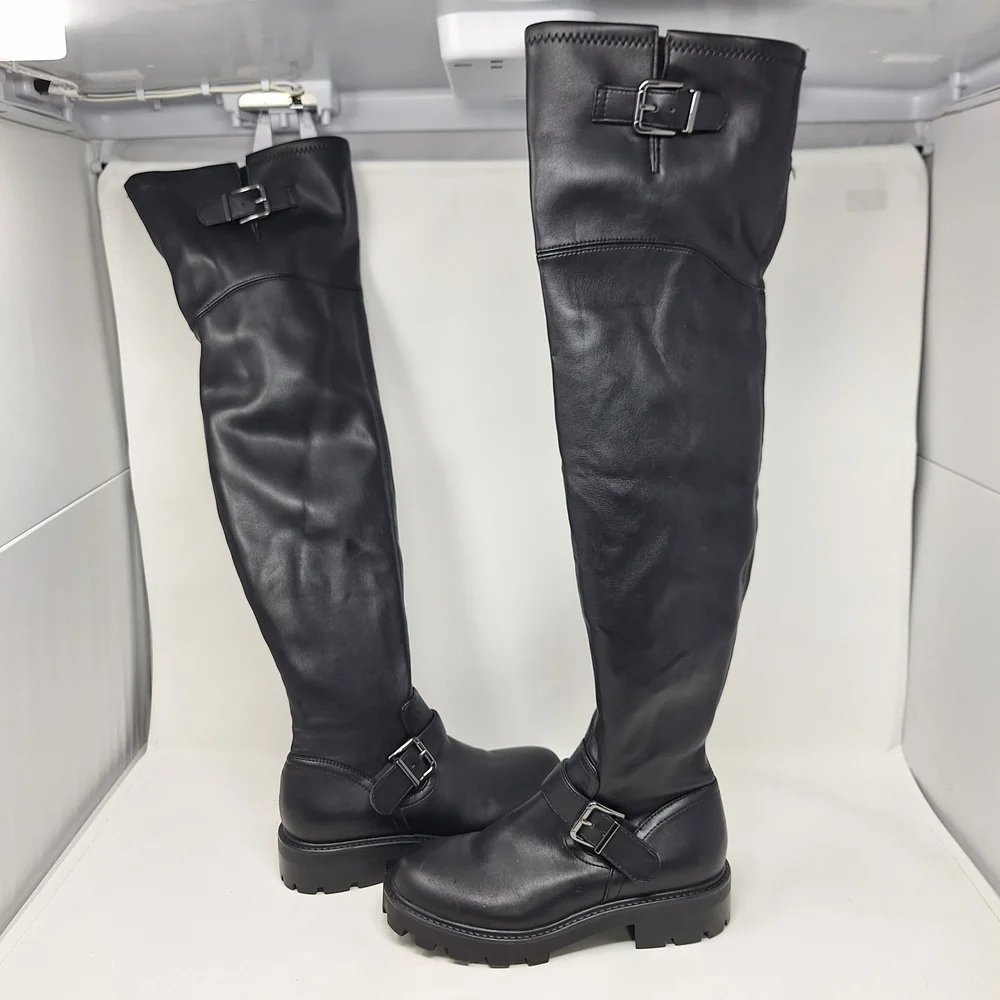 Marc Fisher Ganven Lug Sole Black Biker Thigh-High Boots With Buckles